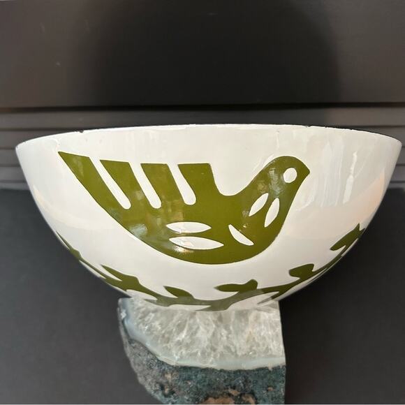 Rare MCM 60s Hanova of Pasadena Large Enamel Dove and Vine Bowl in Green & White - Picture 3 of 15